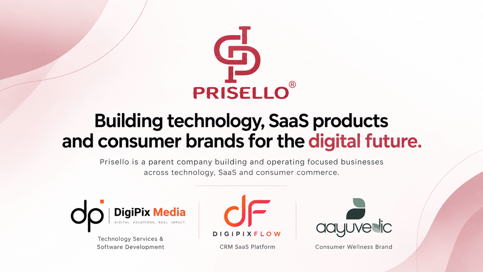 Prisello Group logo with the headline “Building technology, SaaS products and consumer brands for the digital future.” above the DigiPix Media, DigiPix Flow and Aayuvedic Herbals logos